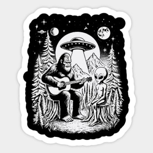 Bigfoot and Alien Play Guitar In The Wild Sticker